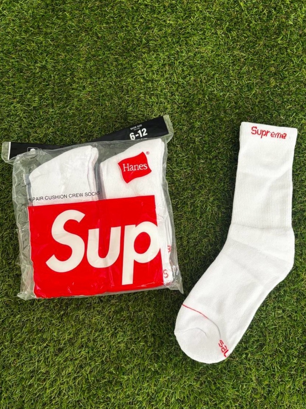 Supreme White Crew Socks with Red Logo Accent